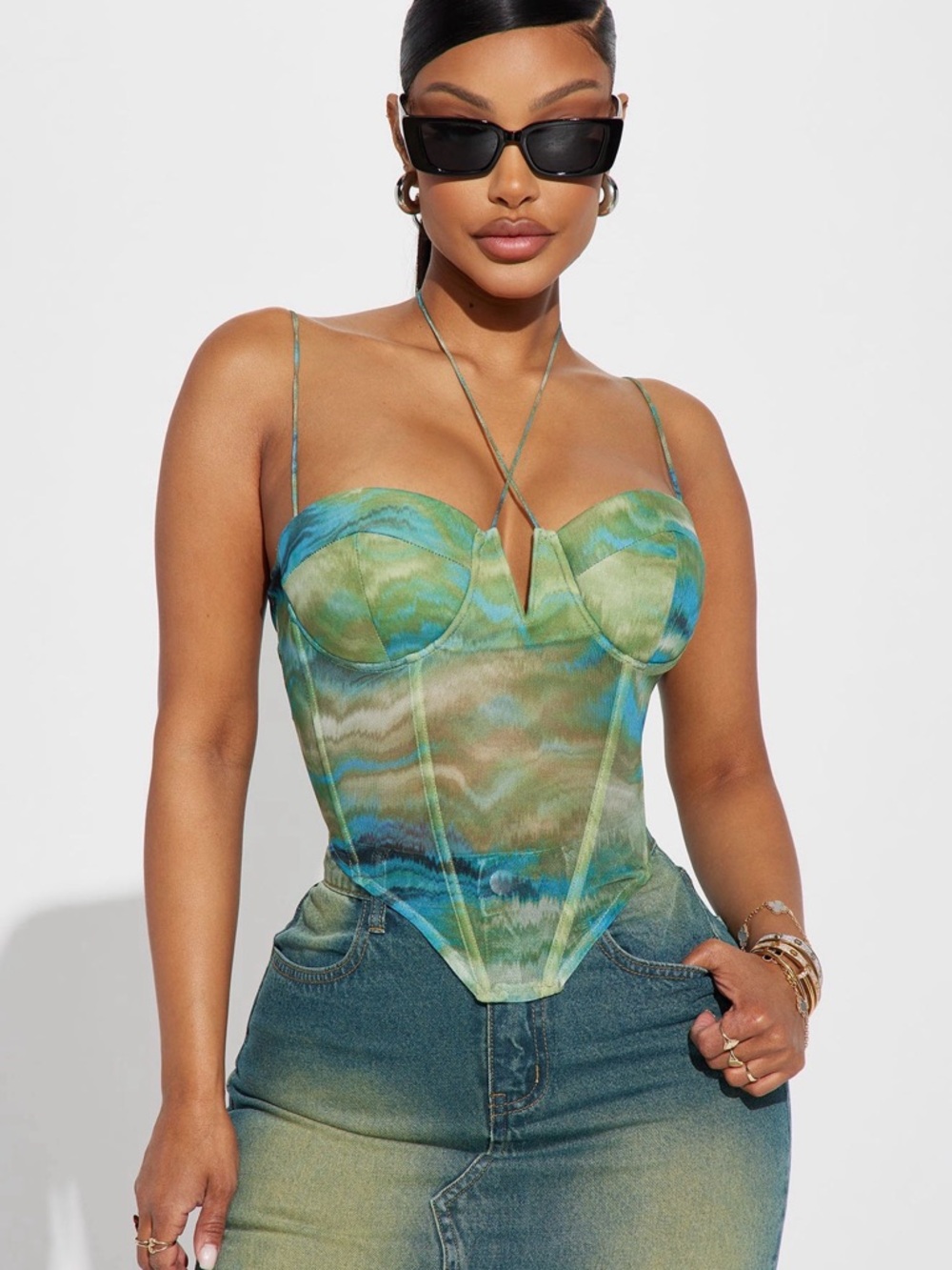 Green Blue Watercolor Mesh Corset Top